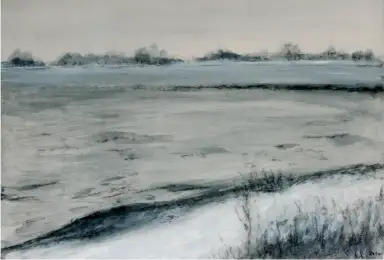 Rhein - Eine atmosphärische Darstellung des Flusses in Acryl auf Gipsgrund.