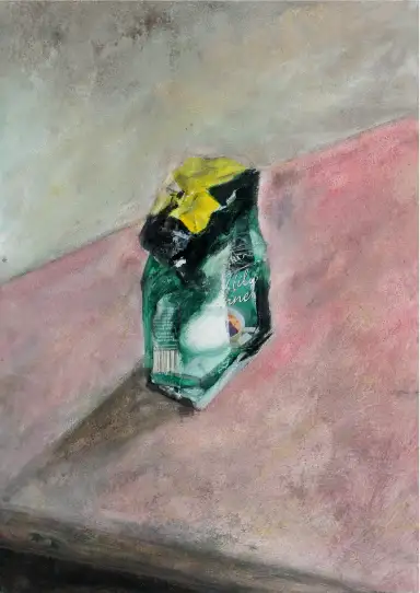 A detailed painting with pink and green tones.