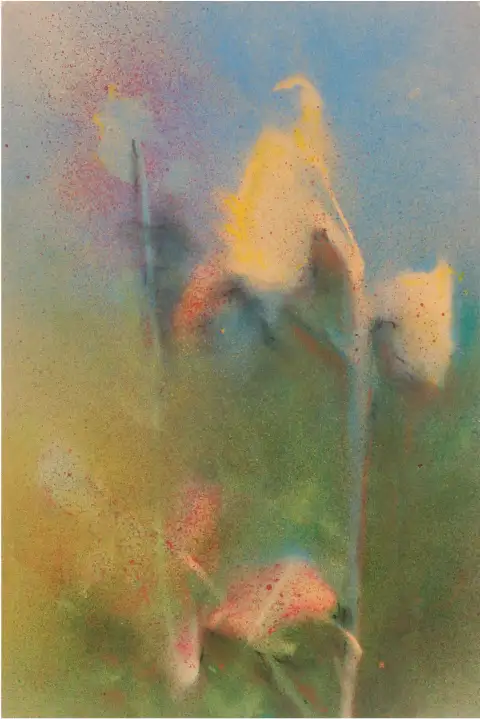 A spray paint artwork of a small sunflower with delicate color gradients.