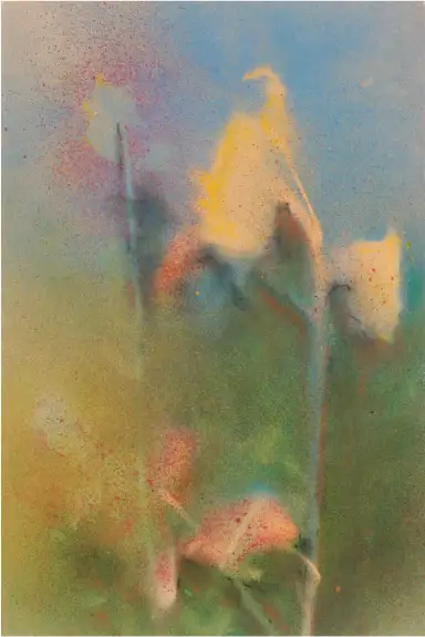 A spray paint artwork of a small sunflower with delicate color gradients.