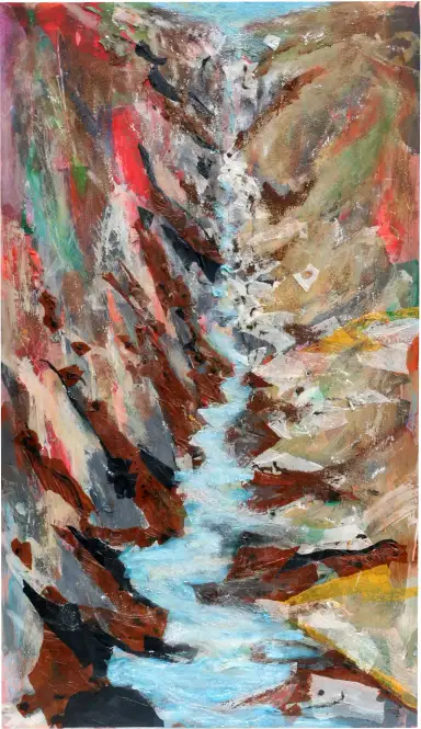 A vertical mixed media artwork depicting the flowing movement of a stream.