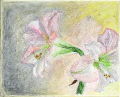 A mixed media artwork of an Amaryllis flower combining acrylic paint and paper elements.