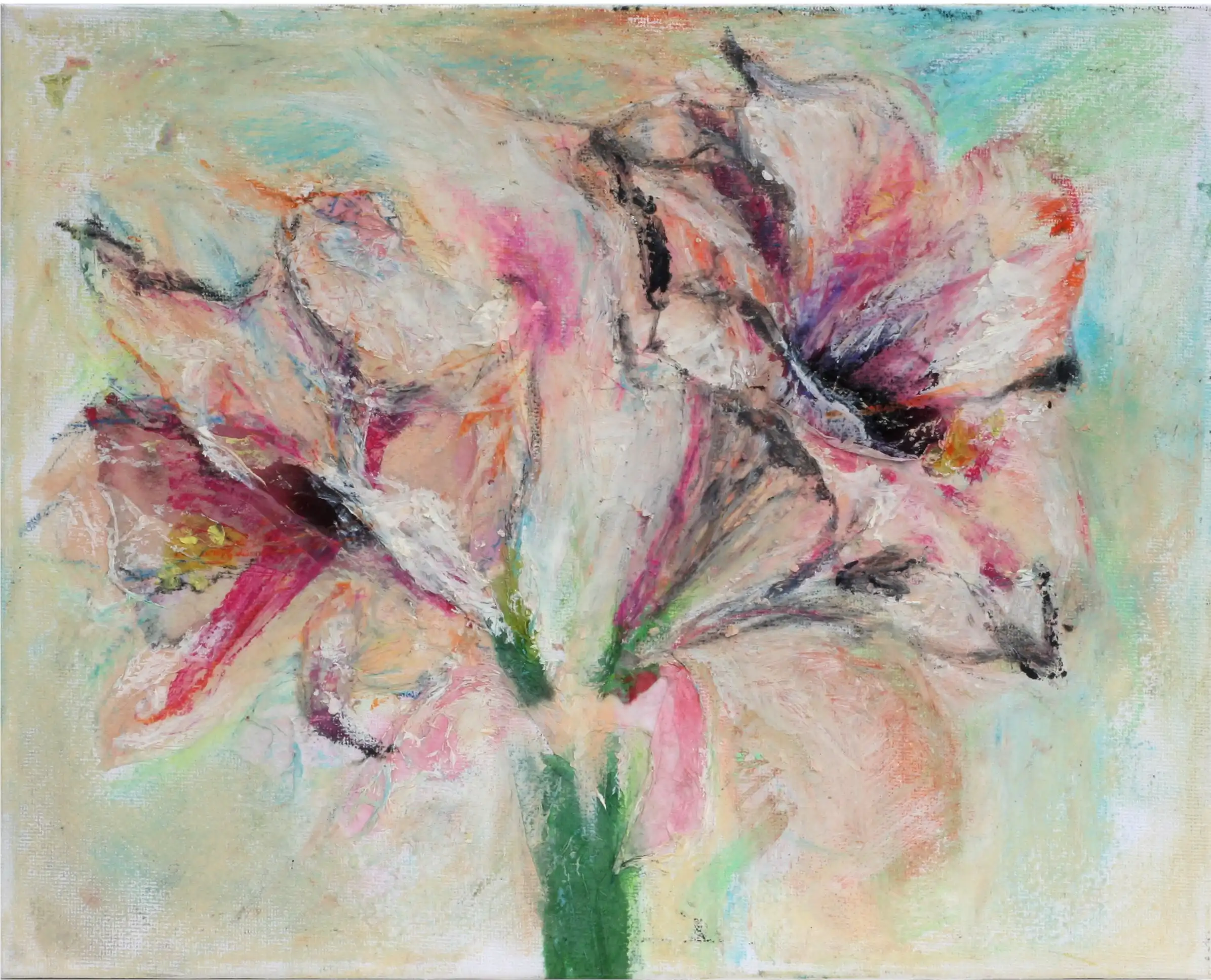 A mixed media artwork of an Amaryllis flower combining acrylic and paper elements.