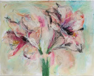 A mixed media artwork of an Amaryllis flower combining acrylic and paper elements.