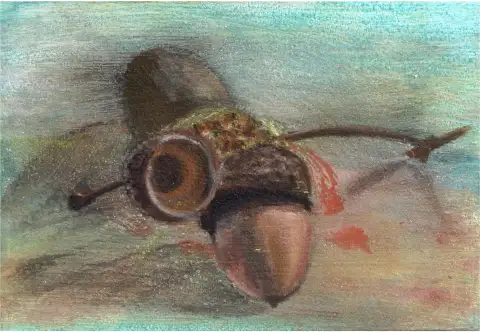 An acrylic painting depicting acorns with rich detail and subtle shading.