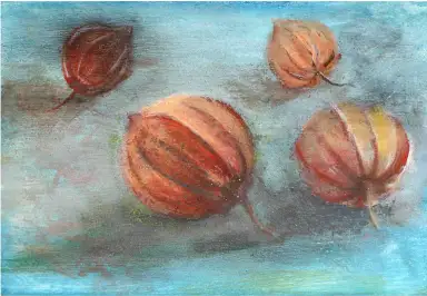 An acrylic painting capturing the delicate lantern structure of a physalis fruit.