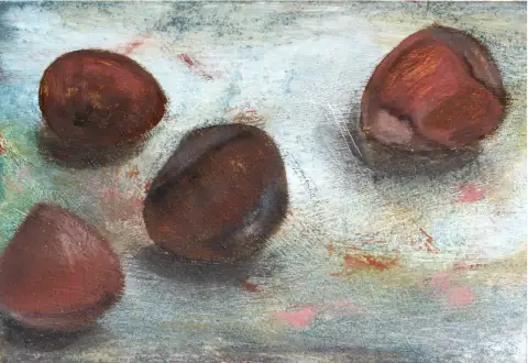 An acrylic painting depicting hazelnuts with rich textures and warm tones.