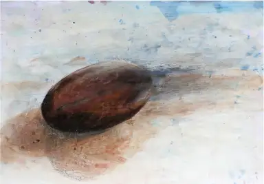 An acrylic painting revealing the intricate details of a seed kernel.