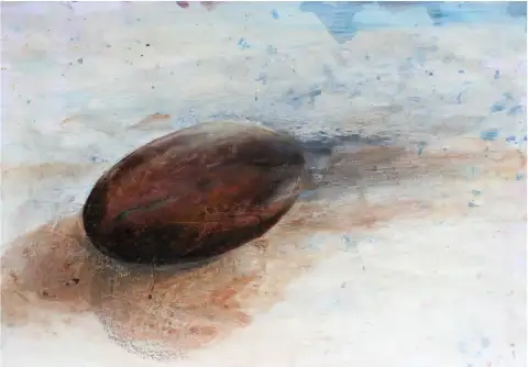 An acrylic painting revealing the intricate details of a seed kernel.