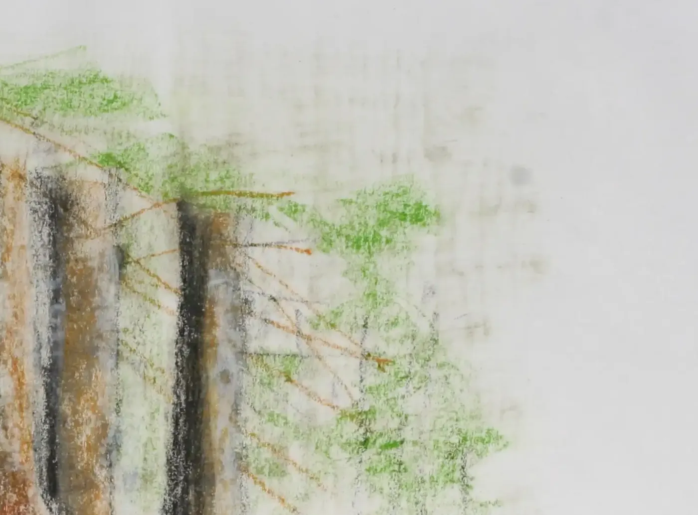 A drawing of tree trunks in sequence using pencil and pastel chalk. (3)