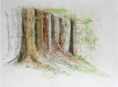 A drawing of tree trunks in sequence using pencil and pastel chalk.