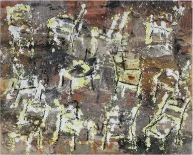 A mixed media artwork featuring a chair composition with acrylic, sand, and collage elements.