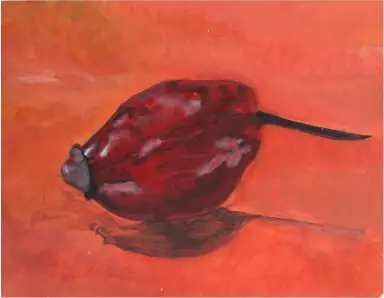 A detailed painting of a rosehip balancing realism and artistic interpretation.