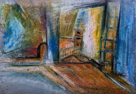 Werkstätten - Eine ausdrucksstarke Darstellung in Ölkreide.