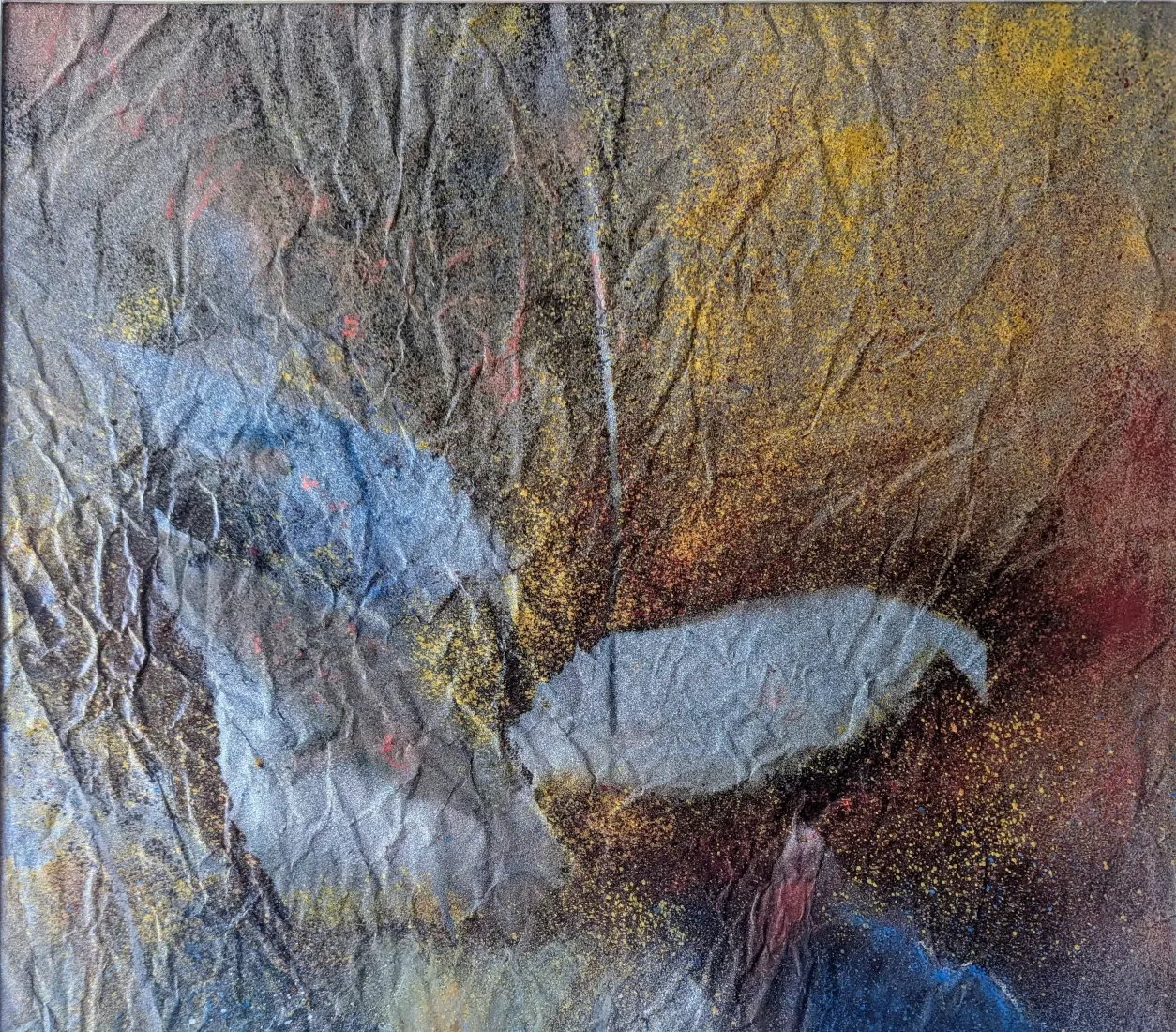 A spray paint artwork depicting leaves with ethereal transparency.