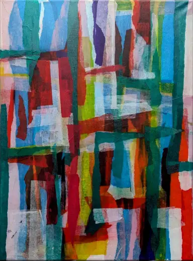 Quartett in blau - rot - Komposition in Seidenpapier übermalt